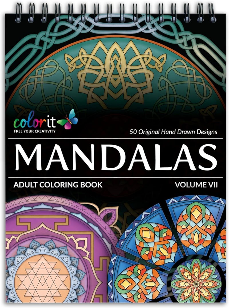 ColorIt Mandalas Volume VII Spiral Bound Adult Coloring Book with 50 Mandala Patterns for Relaxation and Stress Relief - Includes Perforated Pages, Thick Paper, Hardback Covers, and Blotter Page - Image 1